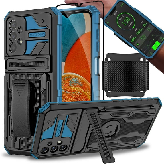 Covrware Running Wristband Belt-Clip Case for Samsung Galaxy A23 5G / 4G, Detachable Sports Strap, Light Weight Armor Cover with Tempered Glass Screen Protector, Built-in Kickstand, Blue