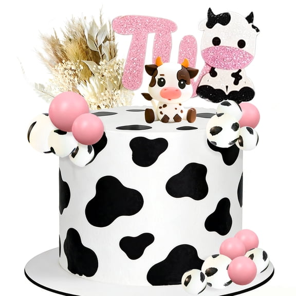 Cow 2nd Birthday Cake Decorations Set - Pink & Black White Cow Print Theme Party Supplies