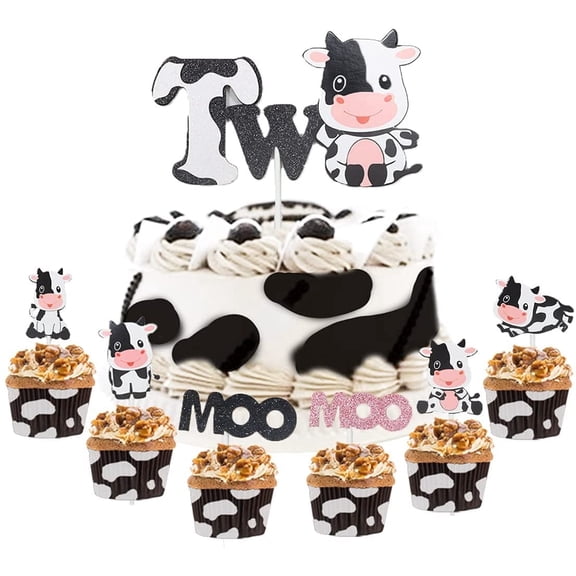 Cow 2nd Birthday Cake Topper - Barnyard Cake Decorations, Farm Animal Cupcake Toppers for Two Year Old Boys Girls Birthday Party Supplies 25Pcs with Moo and Milk Cow Sign
