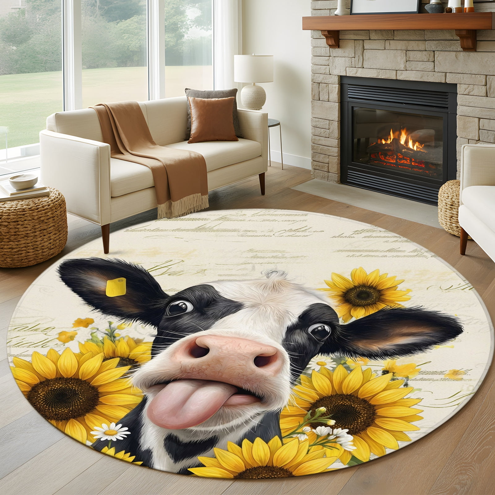 Cow Animal 7' Round Rug for Living Room Conversation Area, Yellow ...