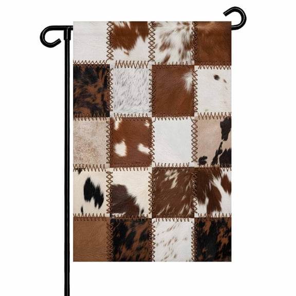 Cow Animal Fur Skin Garden Flag 12x18 Inch Western Cowboy Stitched Brown Plaid Double Sided Small Decorative Garden Flags for Outside, Outdoor Yard Porch Lawn Decoration