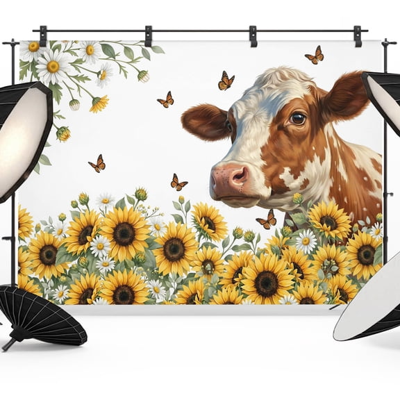 Cow Animal Pattern Backdrops for Photography, Yellow Sunflower Farmhouse Daisy Butterfly Fabric Photo Background Sturdy Studio Props for Photo Studio, Video Recording, Booth & Photoshoot 7x5ft