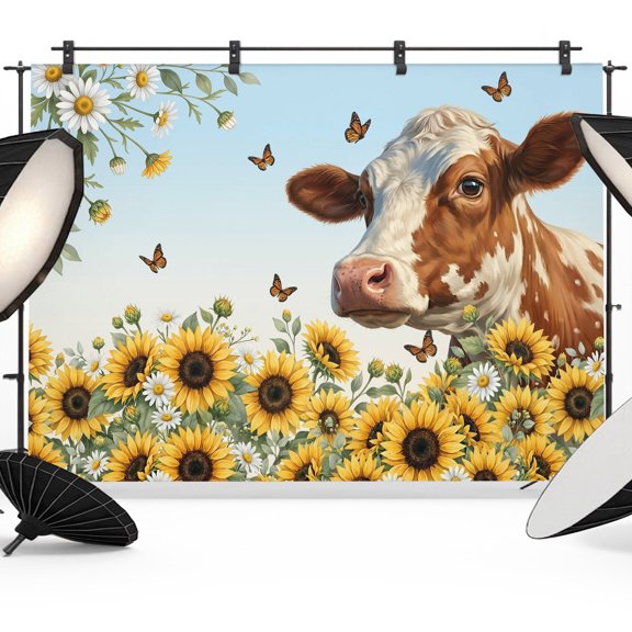 Cow Animal Pattern Backdrops for Photography, Yellow Sunflower Farmhouse Daisy Butterfly Rustic Fabric Photo Background Sturdy Studio Props for Photo Studio, Video Recording, Booth & Photoshoot 7x5ft