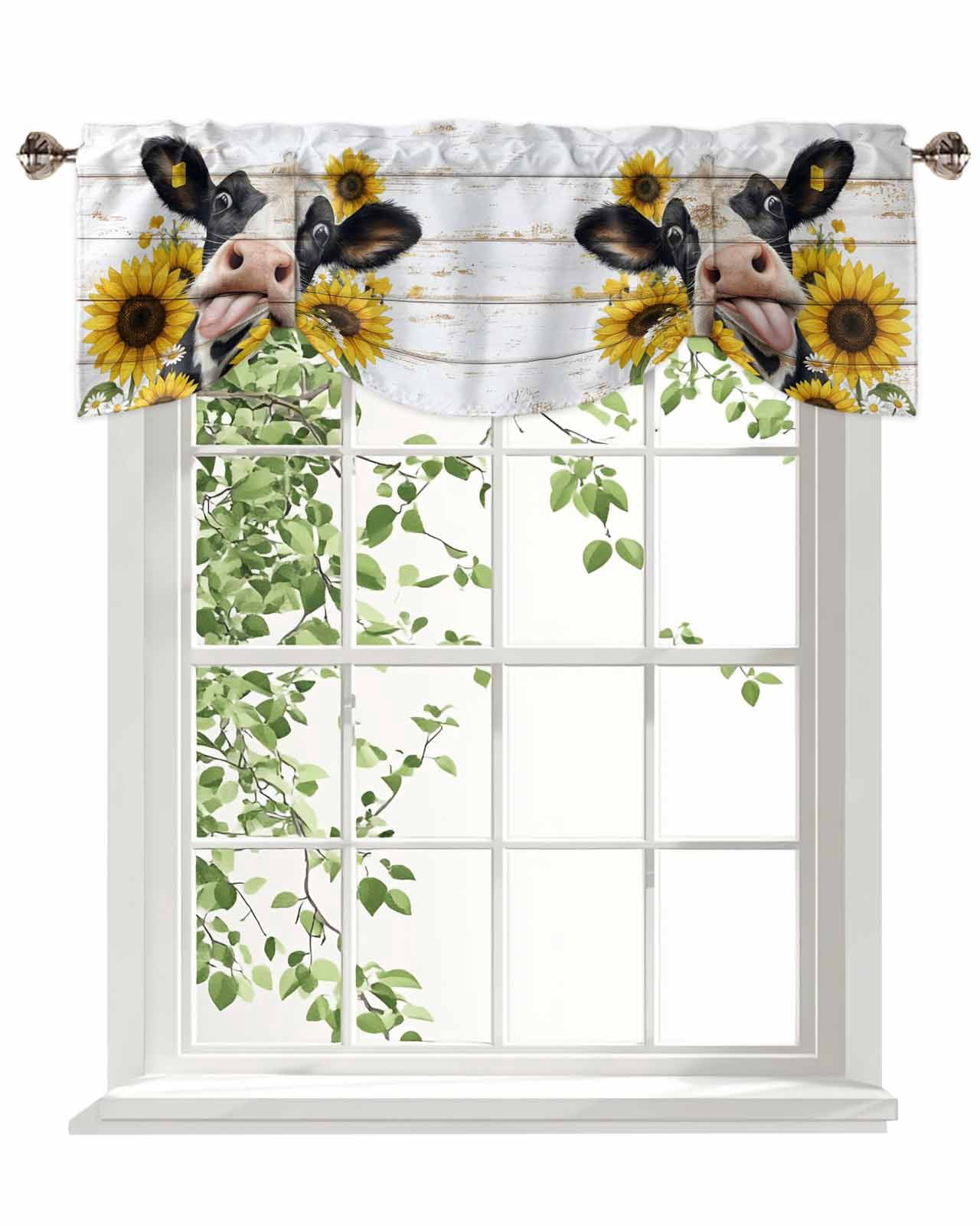 Cow Animal Tie Up Valances Curtain, Yellow Sunflower White Wood Striped ...