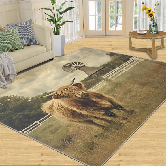 Cow Area Rug, Rustic Farm Animal Washable Rug, Non Slip Low Pile Carpet for Living Room Bedroom Home Decor 2x3ft