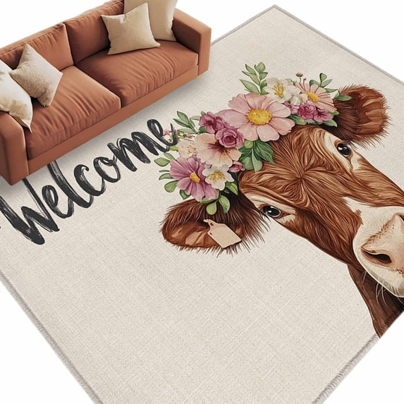 Cow Area Rug 5x8ft Welcome Non-Slip Washable Square Rugs Soft Felt Indoor Floor Mat for Bedroom Kitchen Living Room Bathroom