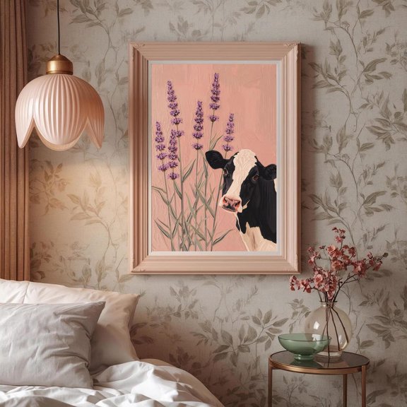 Cow Art Print Farm Animal Lavander Illustration Farmhouse Decor, Unframed Poster