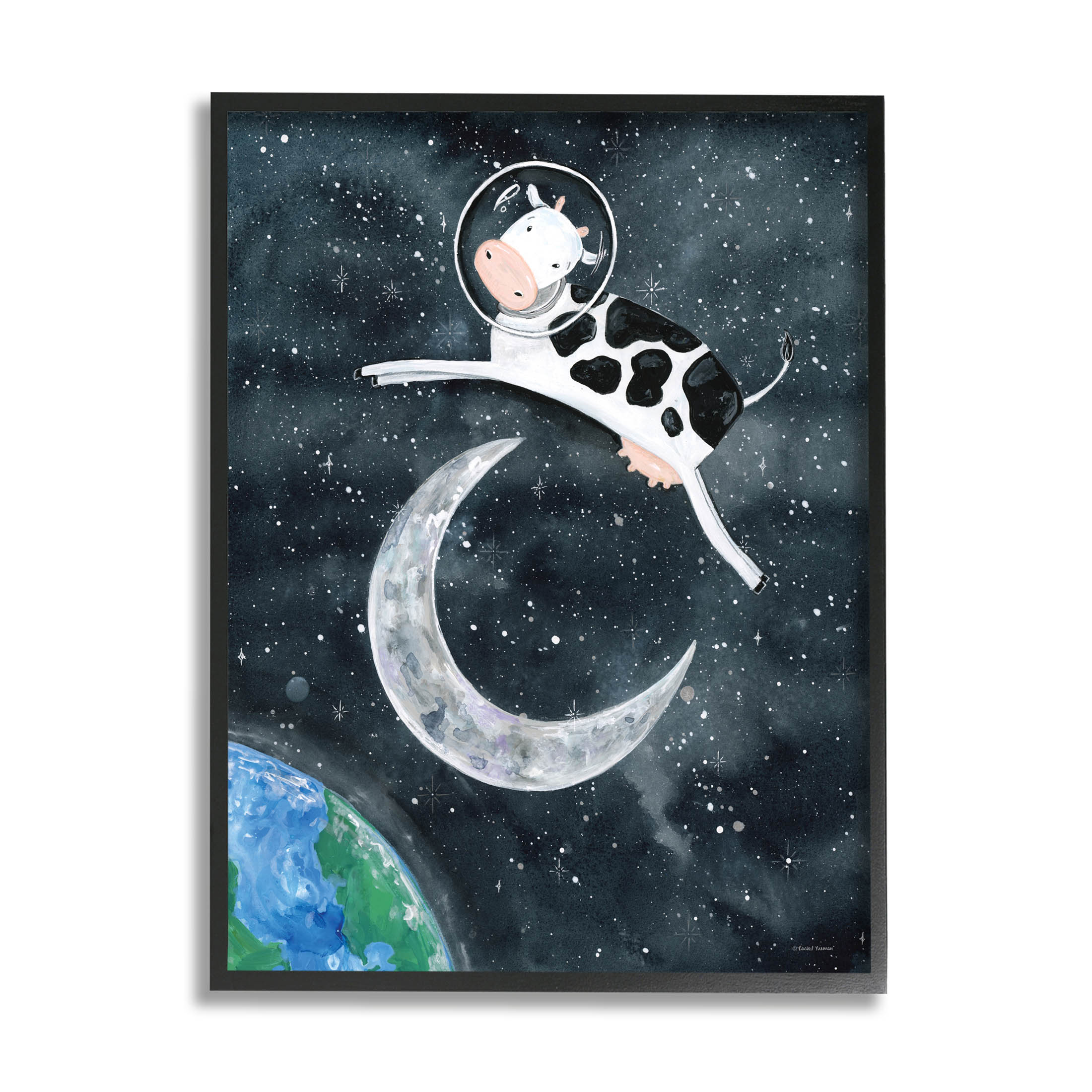 Cow Astronaut Jumping Over Moon Animals & Insects Painting Black Framed Art Print Wall Art