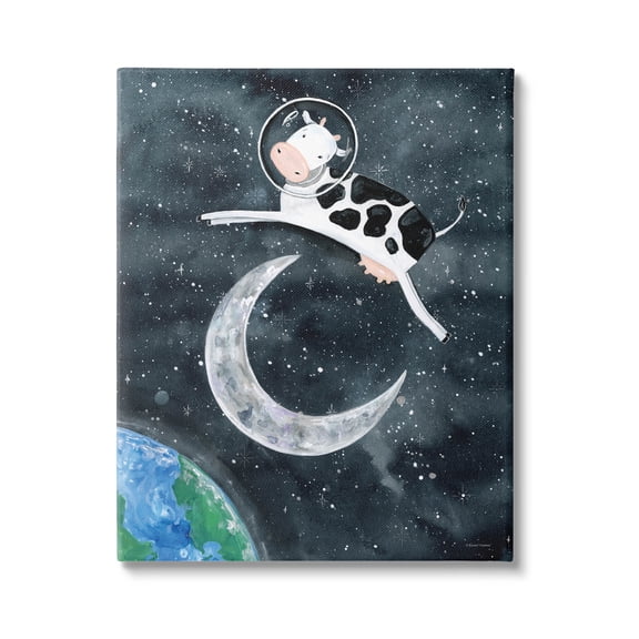 Cow Astronaut Jumping Over Moon Animals & Insects Painting Gallery Wrapped Canvas Print Wall Art