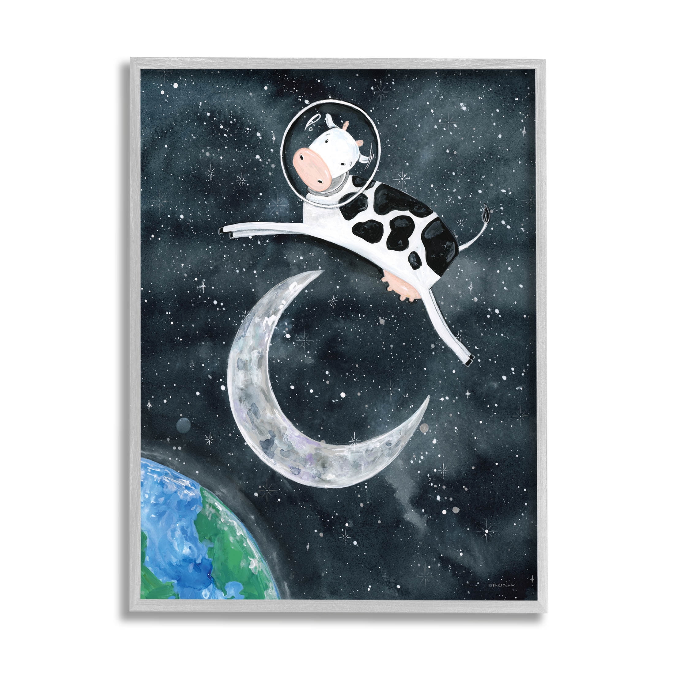 Cow Astronaut Jumping Over Moon Animals & Insects Painting Gray Framed Art Print Wall Art
