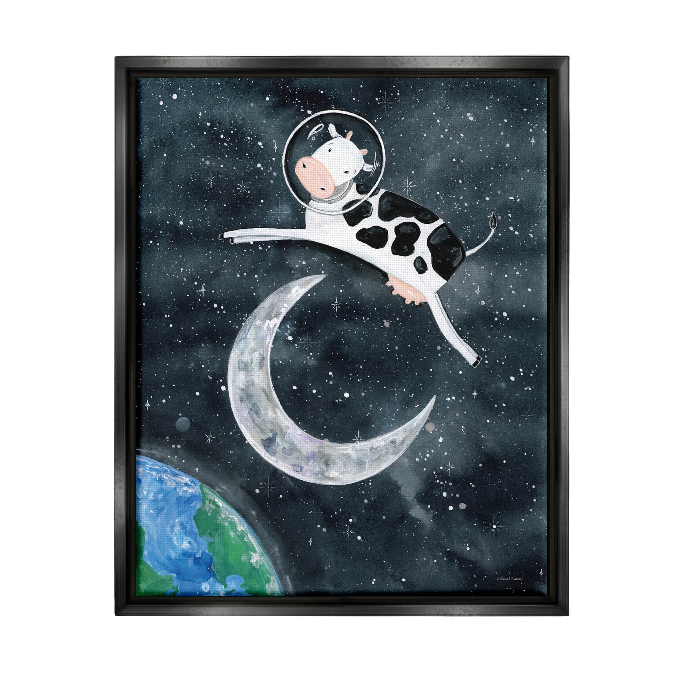 Cow Astronaut Jumping Over Moon Animals & Insects Painting Jet Black Framed Art Print Wall Art