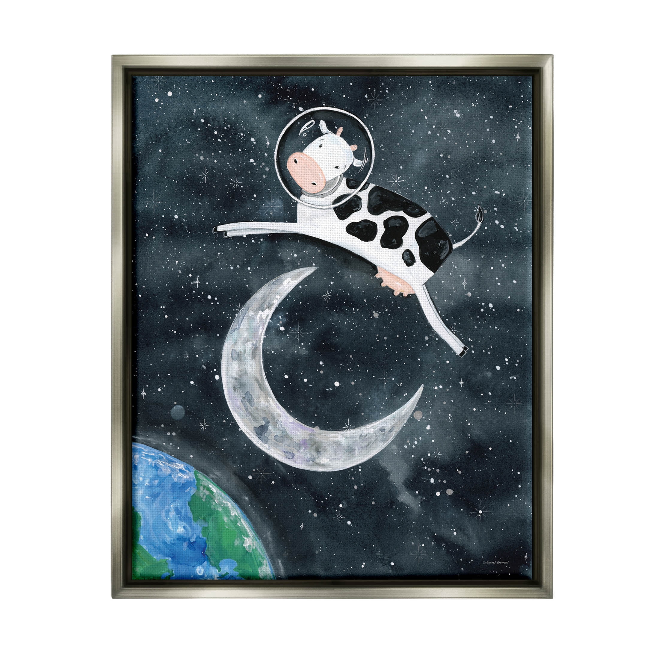Cow Astronaut Jumping Over Moon Animals & Insects Painting Luster Gray Framed Art Print Wall Art