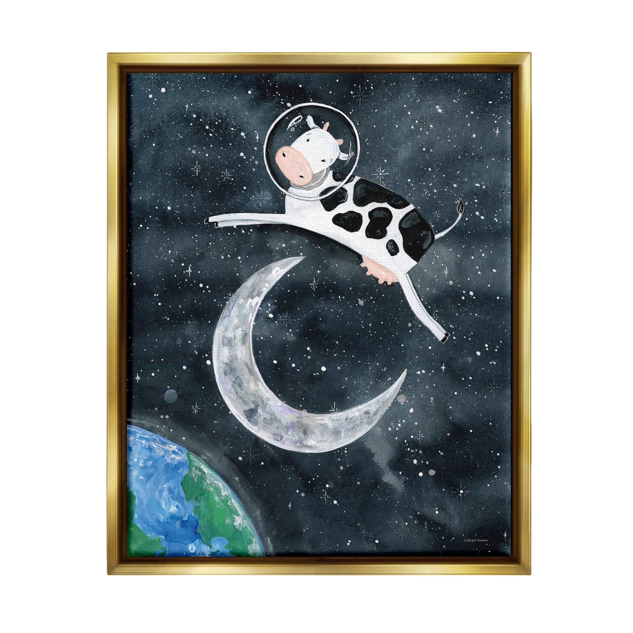 Cow Astronaut Jumping Over Moon Animals & Insects Painting Metallic Gold Framed Art Print Wall Art