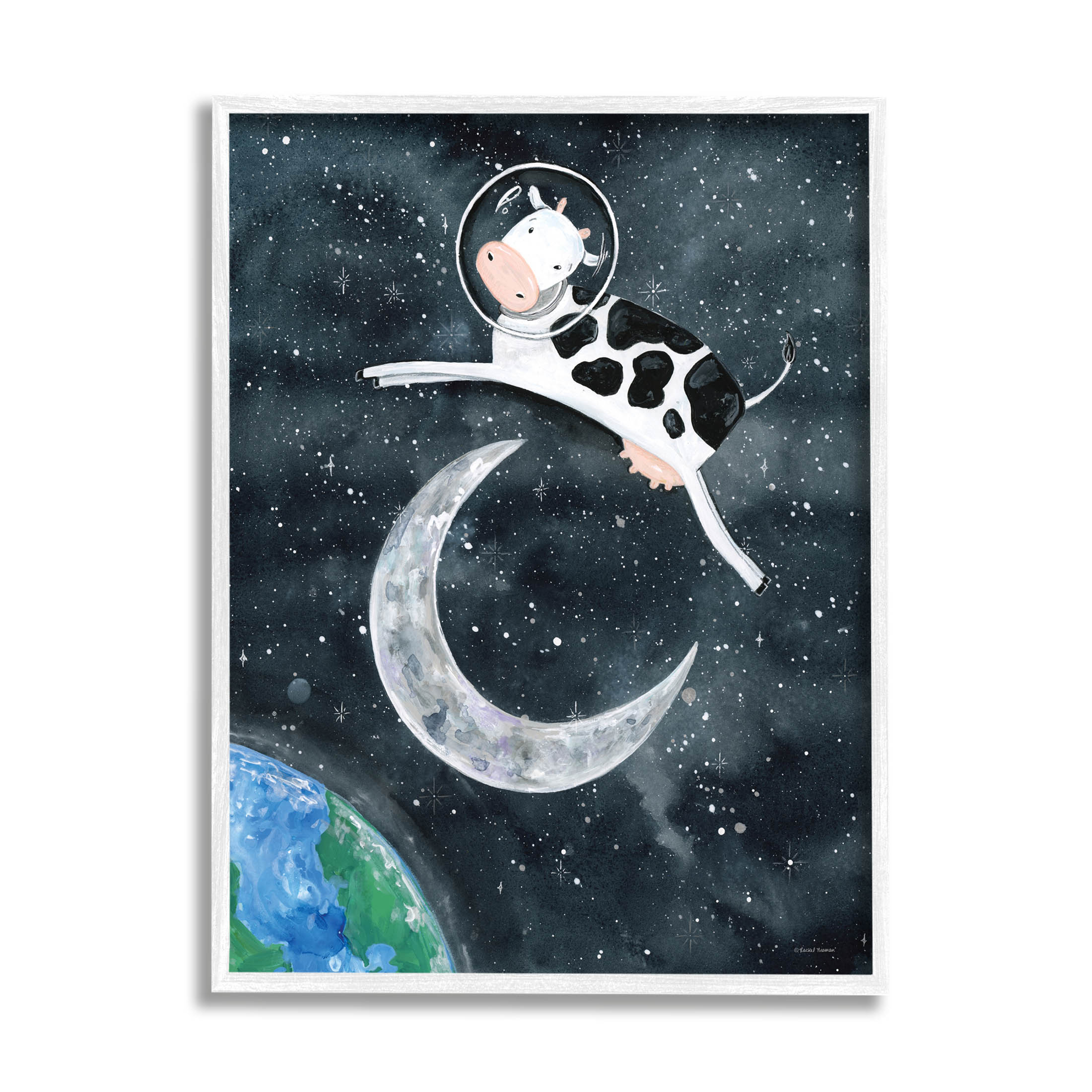 Cow Astronaut Jumping Over Moon Animals & Insects Painting White Framed Art Print Wall Art