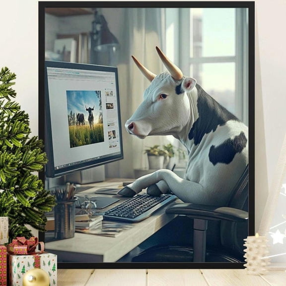Cow At Computer Animal For Office Farmhouse Hum.Orous Cow Quirky Animal Art Poster , Poster Print Only