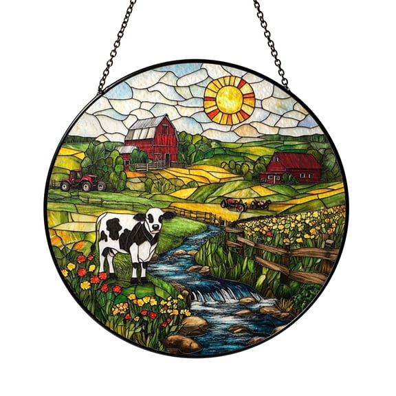 Cow Barn Farm Landscape Window Hanging Stained Glass Suncatcher Decor, Rustic Country Sun Catcher Panel for Home Window Decoration, Pastoral Decorative Art Gift