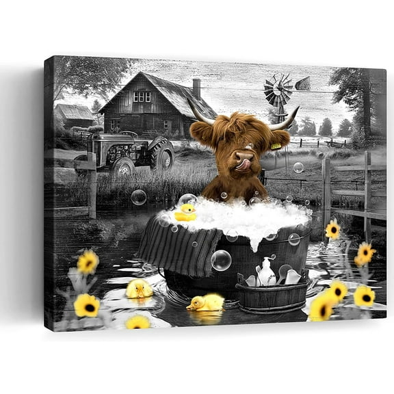 Cow Bathroom Picture Sunflower Highland Cow Wall Art Farmhouse Cow Canvas Funny Bathroom Post Black And White Cow Bathroom Wall Decor Cute Cow Picture Home Decor For Bathroom 12x16 Inch