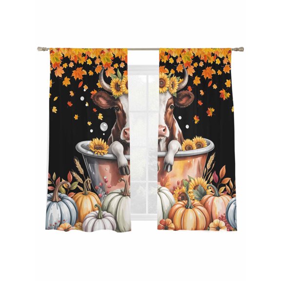 Cow in Bathtub Sheer Curtains 2 Panels Set Thanksgiving Pumpkin Sheer Window Curtains Light Filtering Rod Pocket Voile Drapes for Bedroom Living Room 52"x63"