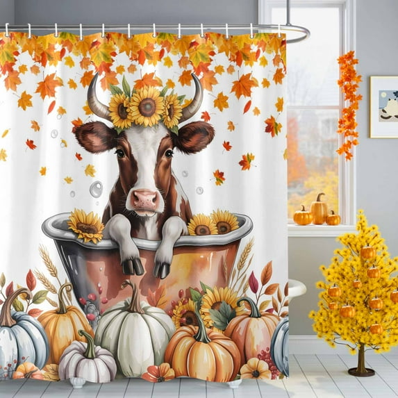 Cow in Bathtub Shower Curtains for Bathroom, Thanksgiving Pumpkin Waterproof Fabric Shower Curtain for Bathroom Bathtub Decoration, Machine Washable, 54x"78"