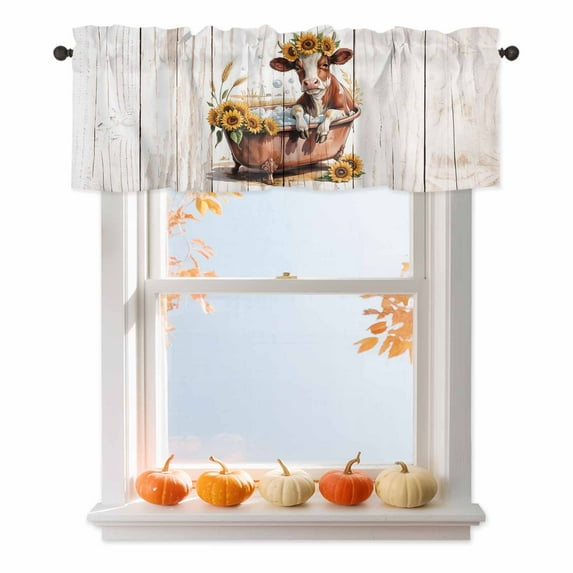 Cow in Bathtub Valances for Windows, 54 x 18in, Thanksgiving Fall Sunflower Wood Grain Rod Pocket Kitchen Valance Curtain Light Filtering Window Treatments for Living Room Bedroom, 1 Panel