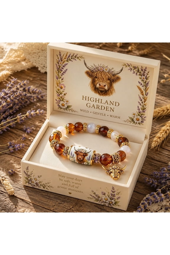 Cow Beaded Bracelet with Charm Pendant, Western Farm Style Printed Crystal Bead Jewelry Gift Box Set for Women