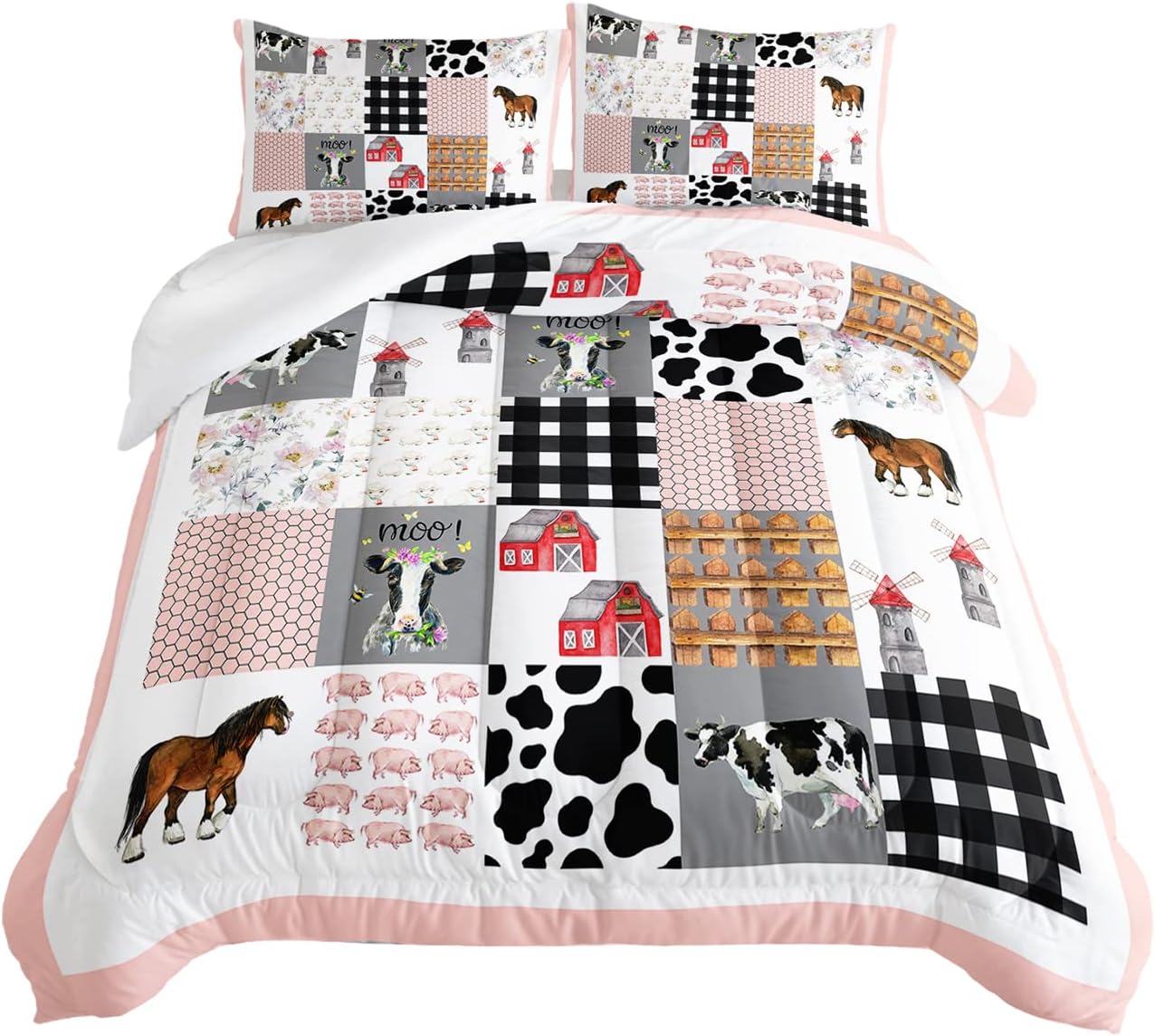 Cow Bedding Set,Farmhouse Comforter Western Country Style Room Decor