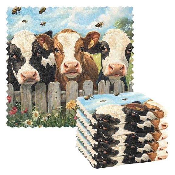 Cow Bee Farm Fence Kitchen Cloth Dish Towels for Drying Washing Absorbent Dish Rags Reusable soft kitchen dishcloth set 6 Pack