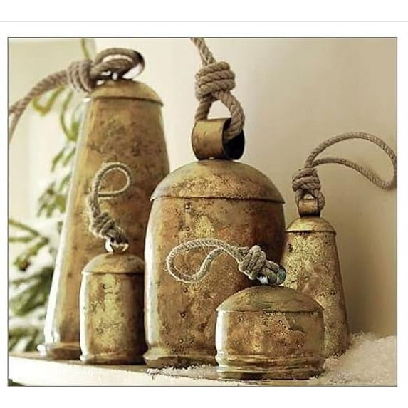 Cow Bells Set of 5 Cluster on Rope Large Rustic Vintage Lucky Cow Bells On Rope Wall Hanging Décor