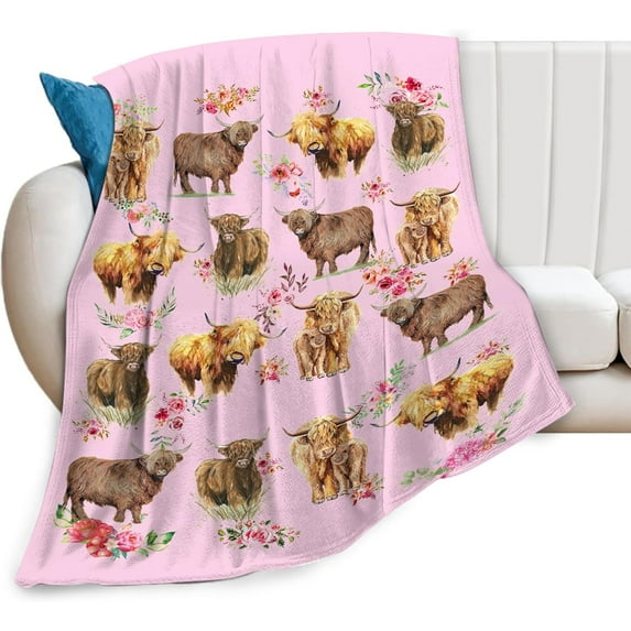 Cow Blanket for Women Girls Pink Highland Cow Flower Throw Blanket Soft Cozy Warm Fuzzy Fleece Cute Cow Animals Bedroom Decor Blanket Gifts for Man Adults Couch Sofa Bedding 50"X40"