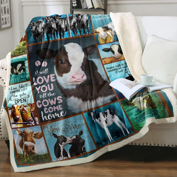 Cow Blankets and Throws Blue Cow Print Blanket, Soft Cow Blankets Warm Cozy Fuzzy, Brown Black and White Cow Fleece Blanket, 50x60in Fleece Blanket