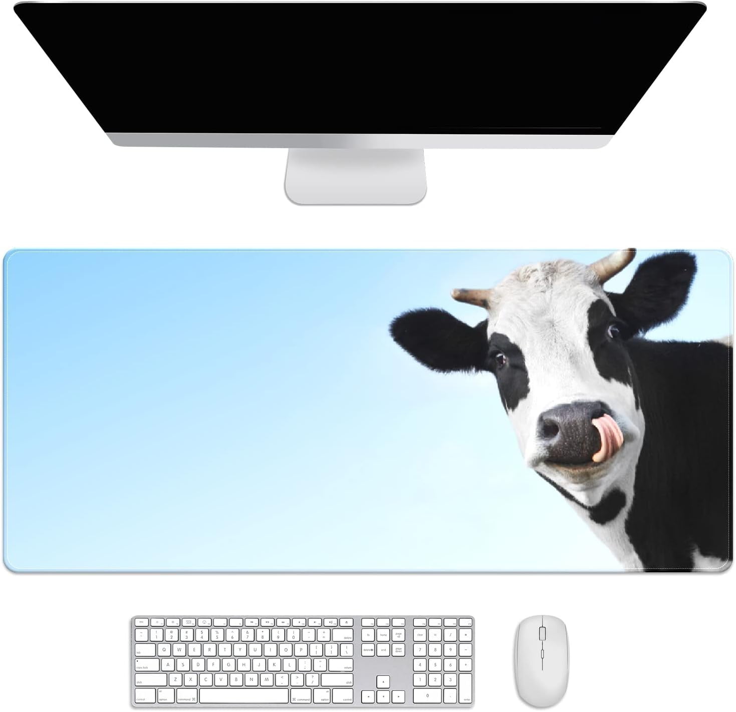 Cow Blue Sky Desk Mat, Desk Accessory, Cute Workspace, Trendy Workspace, Trendy, 35.4x15.7in Large Gaming Mouse Pad, Cute Desk Topper, Pretty Desk Pad