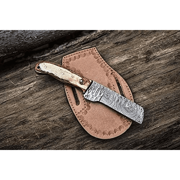 Cow Boy Bull Cutter Knife Hand Forged Damascus Steel EDC Knife With Leather Sheath$$Other