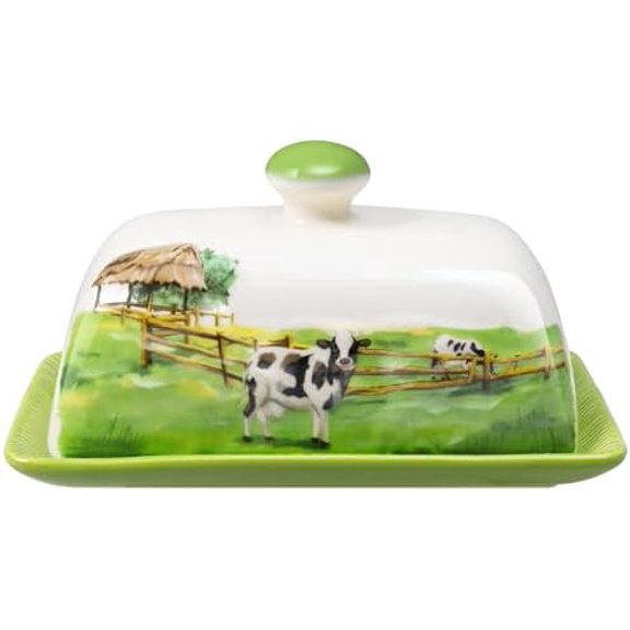 Cow Butter Dish with Lid for Countertop, Large Ceramic Embossed Butter Keeper Holder Storage, Farmhouse Butter Container Tray for East West Coast Butter Cow Kitchen Decor