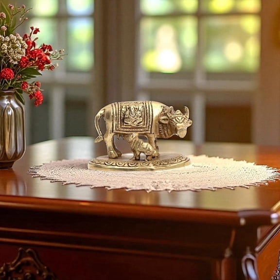 NATRIEL Traditional Brass Kamdhenu Cow and Calf Statue, Handcrafted Religious Figurine, Gold Finish, 3.93 x 2.7 x 3 Inches, Decorative Base