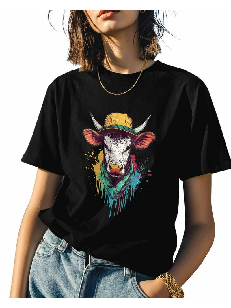 Cow Cartoon Cowboy Womens Tshirt Graphic Tees Cotton Crew Neck T