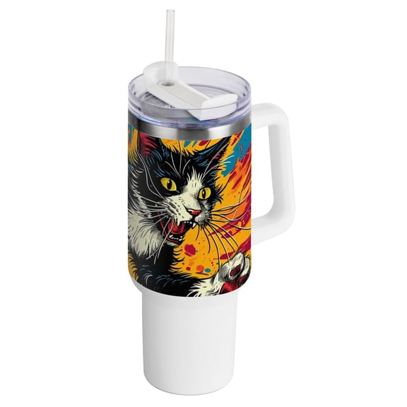 Cow Cat 40 oz Tumbler with Handle Insulated&nbsp;Travel Mug&nbsp;Lid Straw Leak Proof Steel Vacuum Water Bottles Glasses Fits in Car Cup Holder