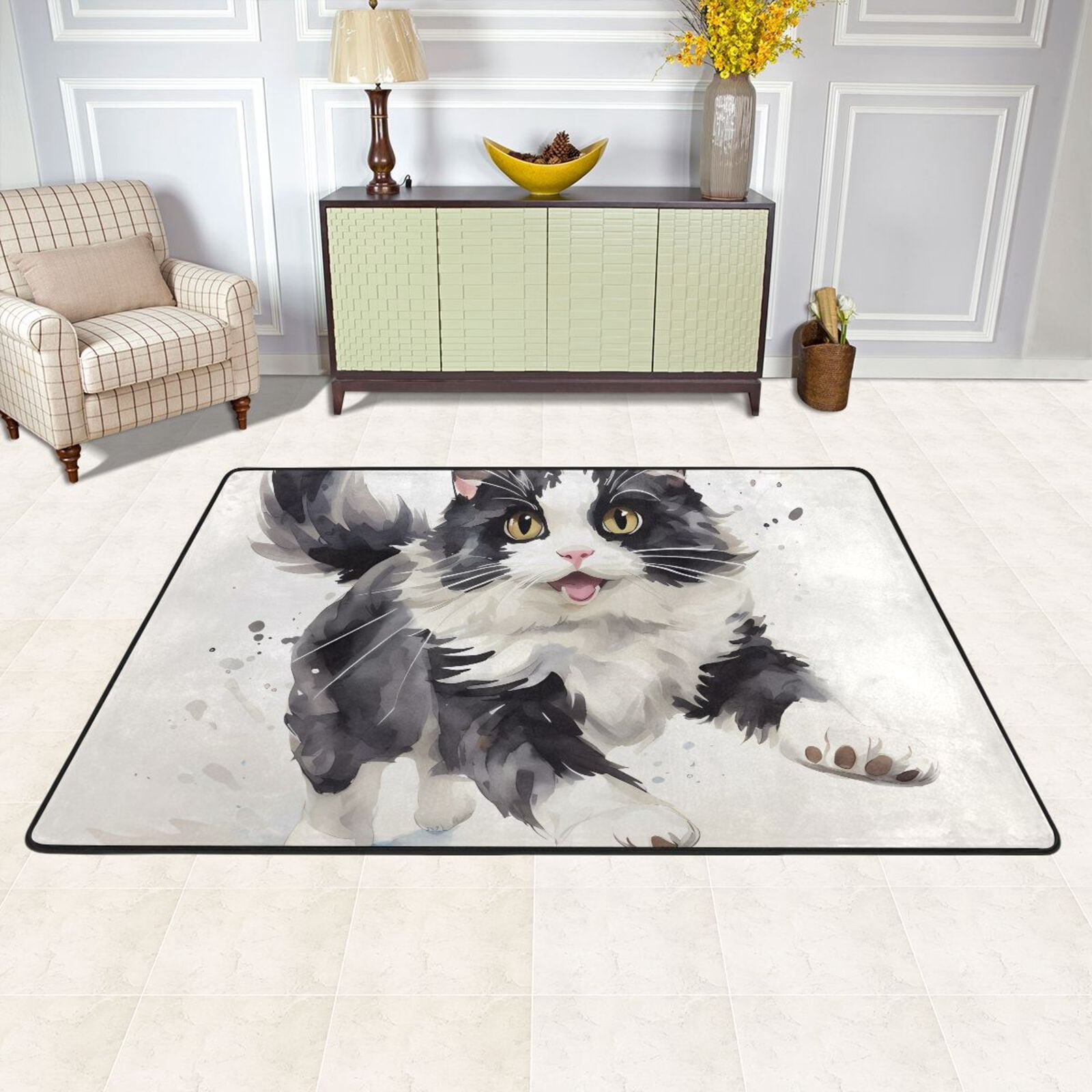 Cow Cat Long Hair Area Rug Washable 72 x 48 Floor Carpet Mat Non Slip ...