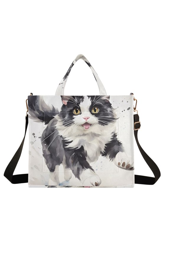 Cow Cat Long Hair Corduroy Tote Bag Handbag Large Messenger Bag Shoulder Crossbody Zipper Bag Purse