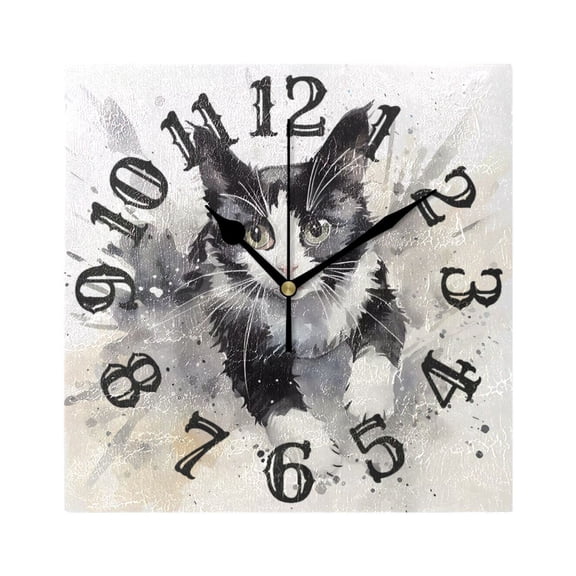 Cow Cat Short Hair Wall Clock Square Silent Non Ticking Battery Operated Clock for Home Bathroom Kitchen Bedroom Living Room