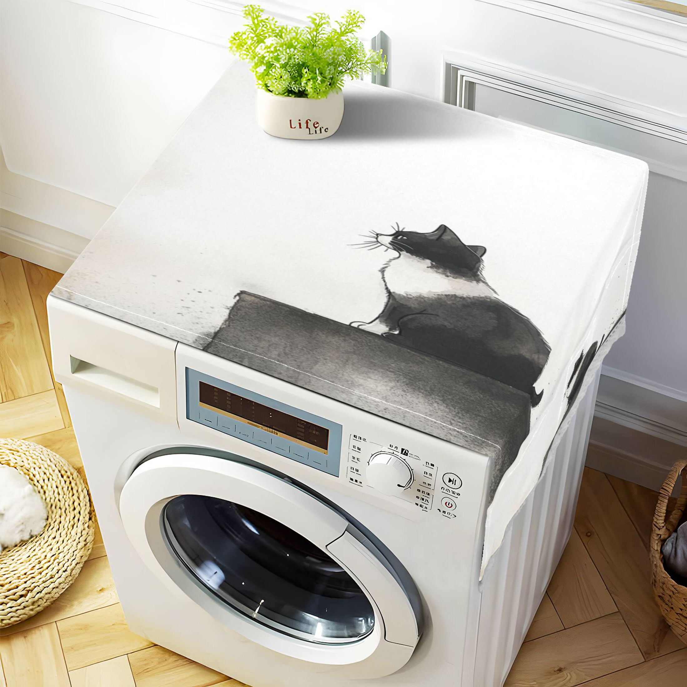 Cow CatWasher and Dryer Covers Dust-Proof and Oil Resistant Fridge Cover with 4 Storage Pockets Washing Machine Top Cover for Laundry Kitchen Home 51.2 x 22 In