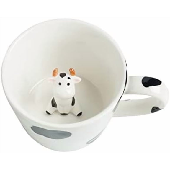 Cow Ceramic Cup Hidden 3D Animal Inside Mug,Cute Cartoon Handmade Figurine Mugs,Holiday and Birthday Gift for Coffee Milk Tea Lovers,12 OZ(White,Black)