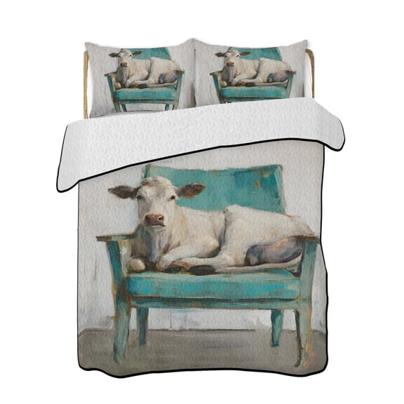 Cow on Chair 3 Piece Quilt Bedding Set with 2 Pillow Shams, Funny Animal Farmhouse Lightweight Bedspread Coverlet, Soft Breathable All Season Quilt, 68 x 98 Inch