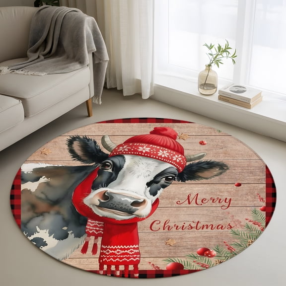 Cow Christmas 3' Round Rug for Bathroom Accent Bedside Corner, Farmhouse Snowflake Berry Snowflake Geek Non Slip Circle Area Rug for Small Spaces, Machine Washable Indoor Outdoor Mat