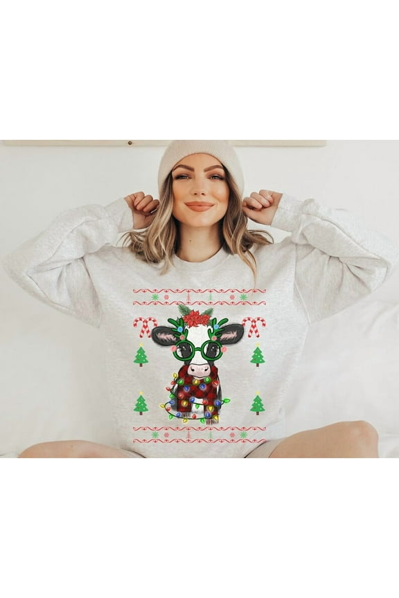 Cow Christmas Lights Christmas Sweater, Christmas Sweatshirt, Funny Heifers Christmas Shirt, Cow Holiday Sweater Cow Lover Xmas Gift Farm , Christmas Gift, Merry Christmas Sweatshirt.
