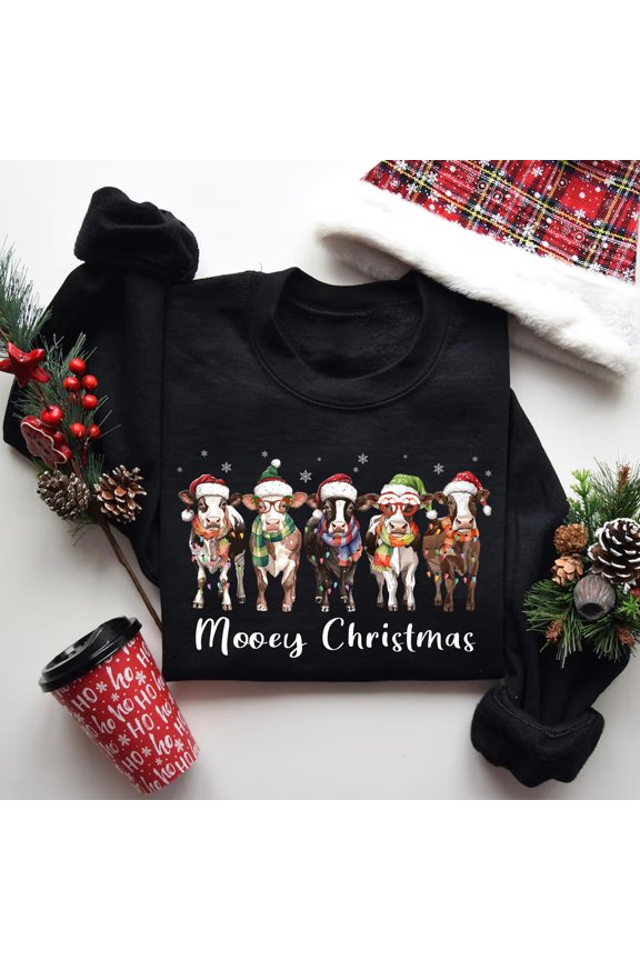 Cow Christmas Shirt, Mooey Christmas, Santa Heifer, Xmas Lights Cow Lovers Shirt, Women Co