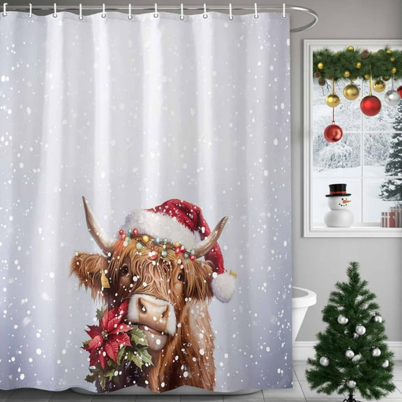 Cow Christmas Shower Curtains for Bathroom, Cow with Poinsettia Snowflake Waterproof Fabric Shower Curtain for Bathroom Bathtub Decoration, Machine Washable, 60"x72"