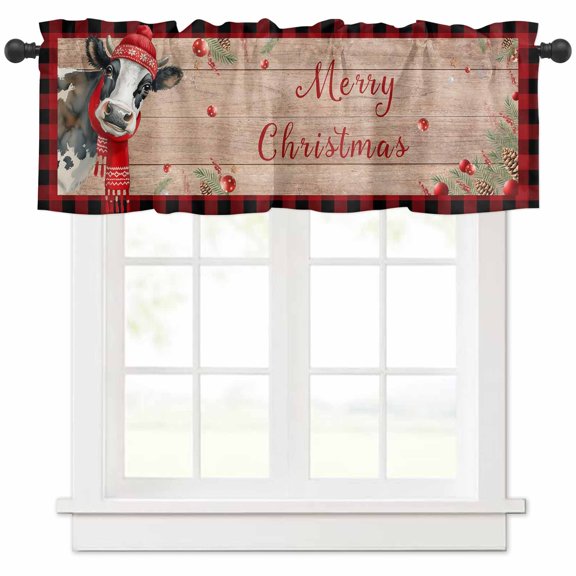 Cow Christmas Valances for Windows, Farmhouse Snowflake Berry Snowflake Geek Light Filtering Window Treatment Valances, Rod Pocket Small Curtains for Kitchen/Bathroom, 56"x16"