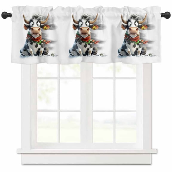Cow Christmas Valances for Windows, Winter Snow Light Filtering Window Treatment Valances, Rod Pocket Small Curtains for Kitchen/Bathroom, 56"x16"