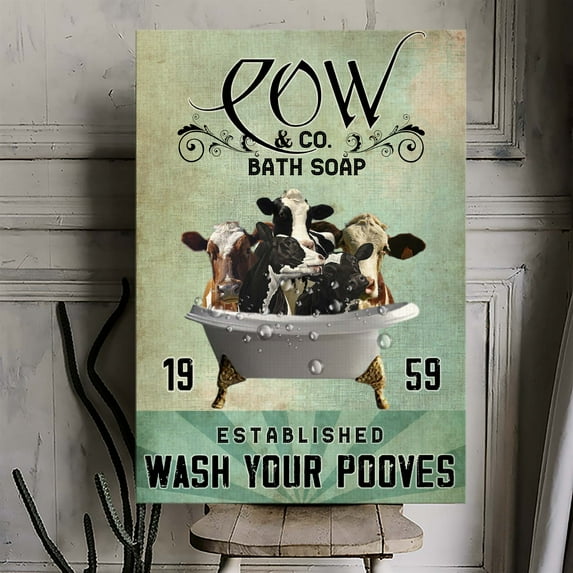 Cow & Co. Bath Soap Canvas Wall Art – Funny Farmhouse Bathroom Decor – Wash Your Hooves Cow Print – Rustic Country Animal Wall Sign – Ready to Hang – Perfect for Bathroom or Powder Room