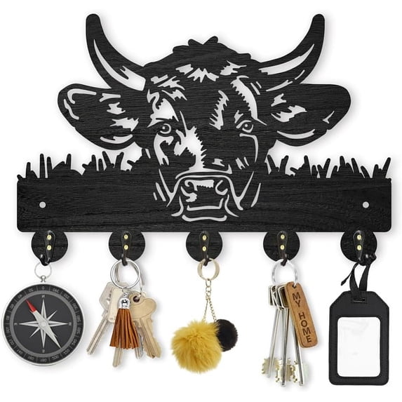 Cow Coat Rack Wall Mount 11.8×7.9inch Wood Farm Animal Wall Art Decor Bull's Head Key Holder for Wall 5 Alloy Hooks Black Hook Rack Hat Towel Wall Hook